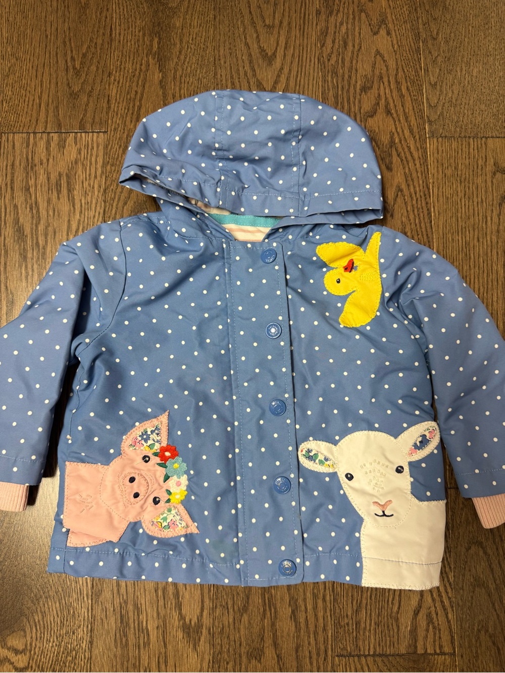 Baby Boden Light Blue Polka Dot Hooded Raincoat with Farm Animal Appliqués